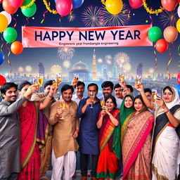 A festive New Year celebration scene featuring a group of diverse engineers from Bangladesh wearing traditional clothing, such as panjabis and sarees, gathered together