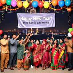 A festive New Year celebration scene featuring a group of diverse engineers from Bangladesh wearing traditional clothing, such as panjabis and sarees, gathered together