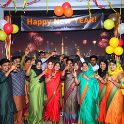 A festive New Year celebration scene featuring a group of diverse engineers from Bangladesh wearing traditional clothing, such as panjabis and sarees, gathered together
