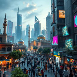 A futuristic cityscape of Old Damascus in the year 2050, blending ancient architecture with modern technology