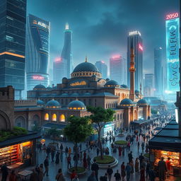 A futuristic cityscape of Old Damascus in the year 2050, blending ancient architecture with modern technology