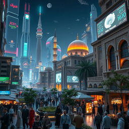 A futuristic cityscape of Old Damascus in the year 2050, blending ancient architecture with modern technology