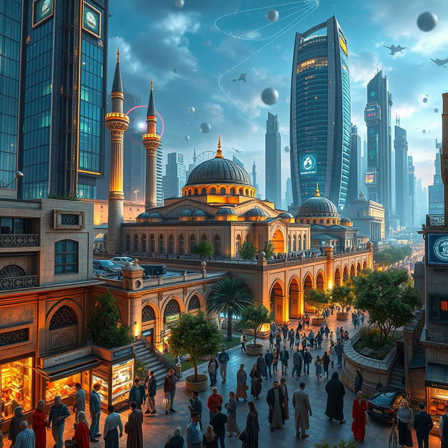 A futuristic cityscape of Old Damascus in the year 2050, blending ancient architecture with modern technology