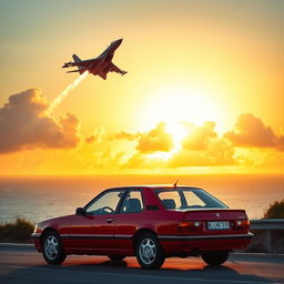 A stunning and dynamic scene featuring a Peugeot 405 car parked on a coastal road overlooking a vibrant sunset