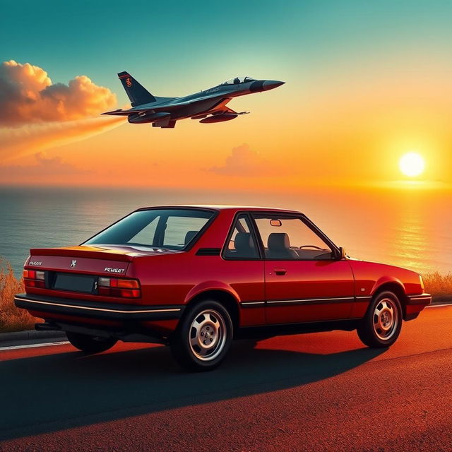 A stunning and dynamic scene featuring a Peugeot 405 car parked on a coastal road overlooking a vibrant sunset