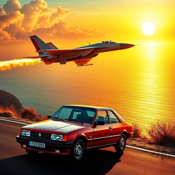 A stunning and dynamic scene featuring a Peugeot 405 car parked on a coastal road overlooking a vibrant sunset