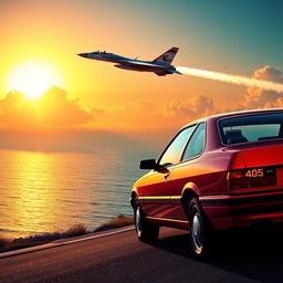 A stunning and dynamic scene featuring a Peugeot 405 car parked on a coastal road overlooking a vibrant sunset