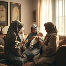 A serene scene depicting a group of Muslim mothers in a cozy living room setting, engaging in prayer together