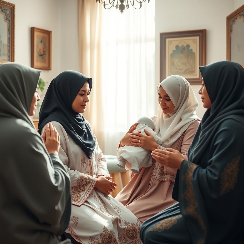 A serene scene depicting a group of Muslim mothers in a cozy living room setting, engaging in prayer together