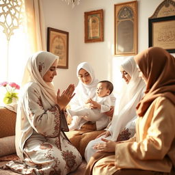 A serene scene depicting a group of Muslim mothers in a cozy living room setting, engaging in prayer together