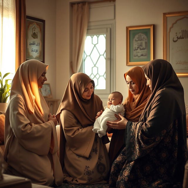 A serene scene depicting a group of Muslim mothers in a cozy living room setting, engaging in prayer together