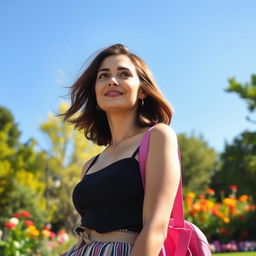 A woman standing in a vibrant park, wearing a stylish outfit that showcases her fashion sense
