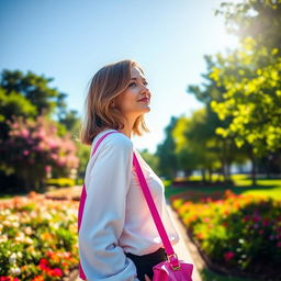 A woman standing in a vibrant park, wearing a stylish outfit that showcases her fashion sense