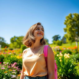A woman standing in a vibrant park, wearing a stylish outfit that showcases her fashion sense