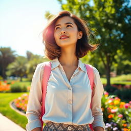 A woman standing in a vibrant park, wearing a stylish outfit that showcases her fashion sense