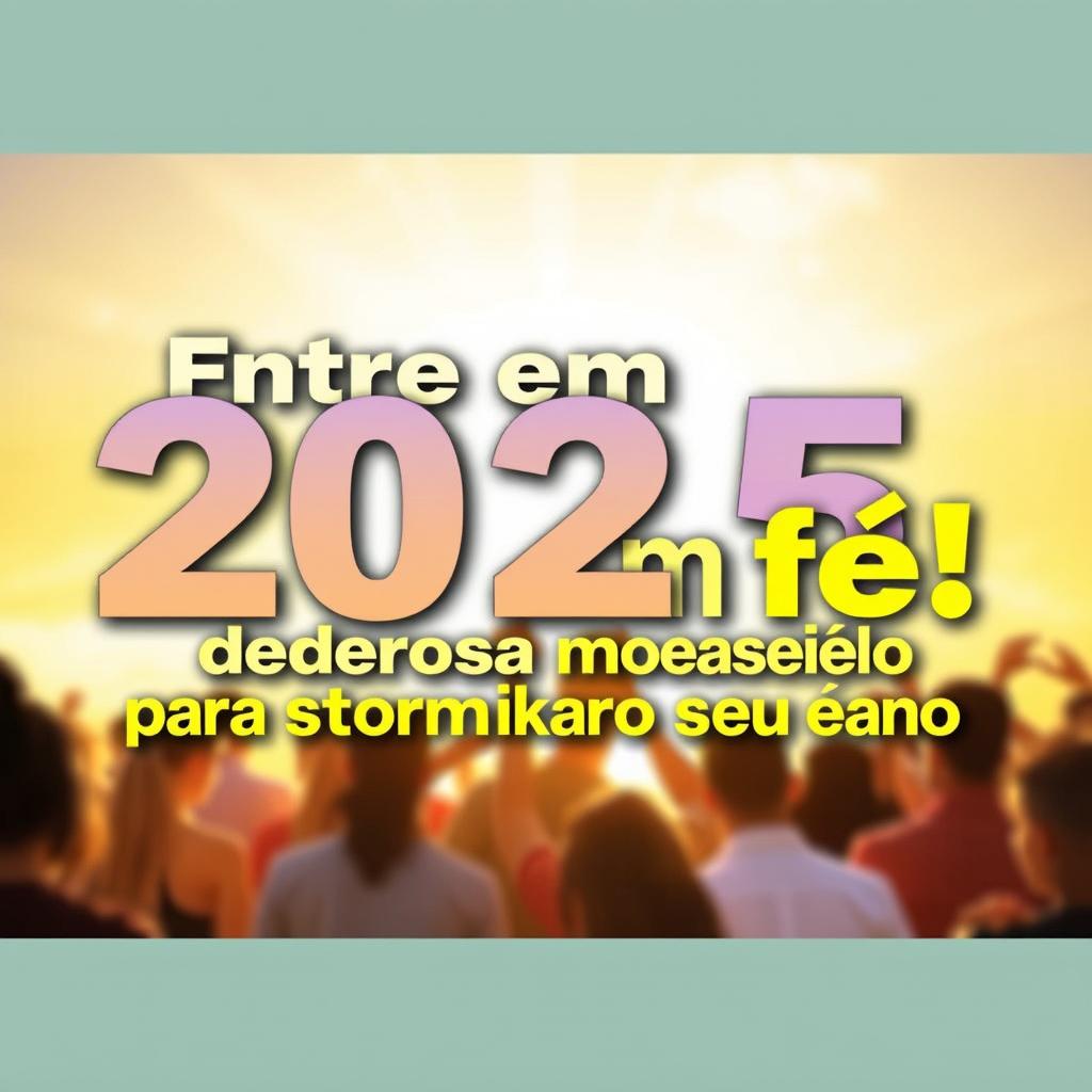 Thumbnail design for a YouTube video featuring the text: 'Entre em 2025 com fé! Poderosa oração para transformar o seu ano' in bold, eye-catching and colorful typography