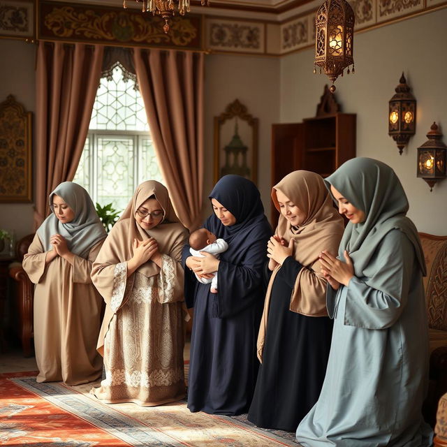 A warm and inviting scene of several Muslim mothers praying together in a beautifully decorated living room with an Islamic ambiance