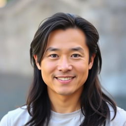 A portrait of an Asian man with an oval and fuller face, sporting long, flowing hair that cascades over his shoulders