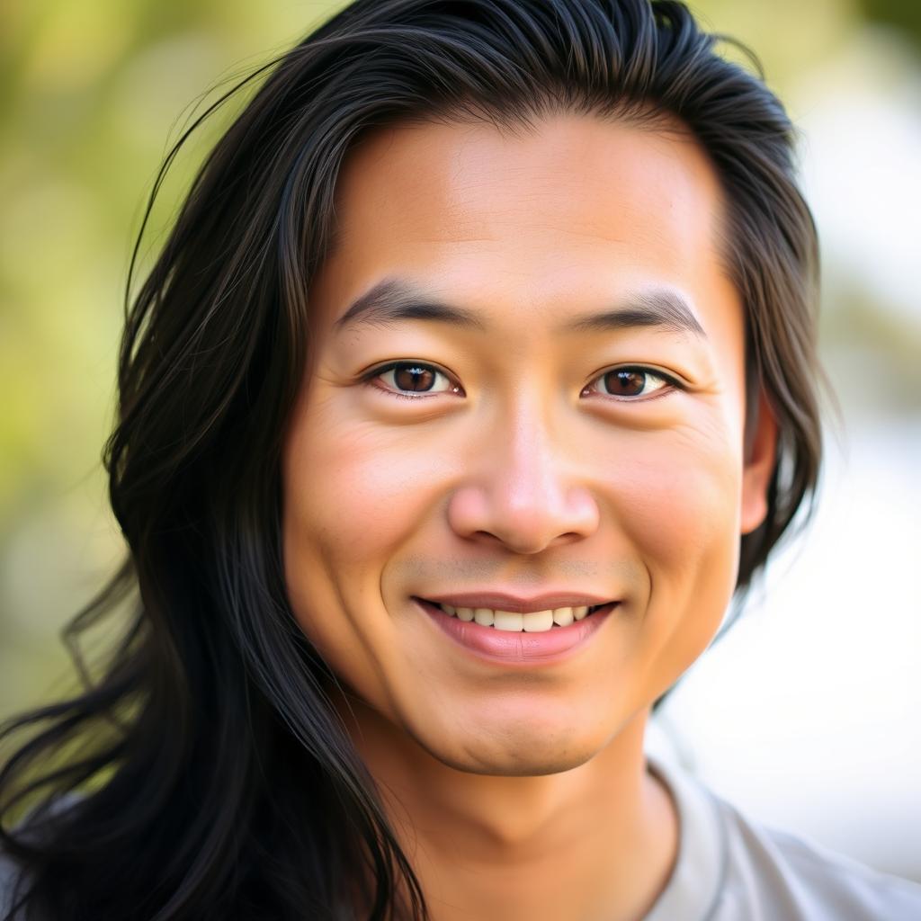 A portrait of an Asian man with an oval and fuller face, sporting long, flowing hair that cascades over his shoulders