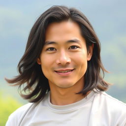 A portrait of an Asian man with an oval and fuller face, sporting long, flowing hair that cascades over his shoulders