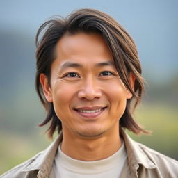 A portrait of an Asian man with an oval and fuller face, sporting long, flowing hair that cascades over his shoulders