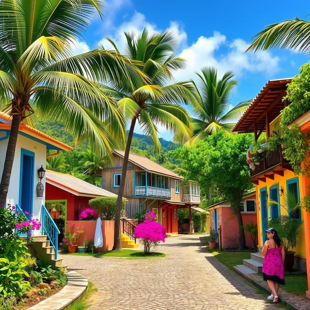 A picturesque Caribbean rural village featuring charming houses with vibrant colors and intricate architectural details, surrounded by lush greenery and tropical flora