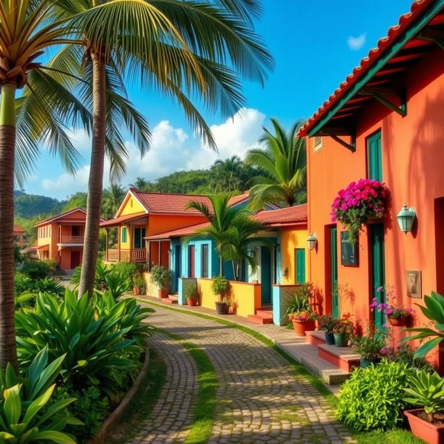 A picturesque Caribbean rural village featuring charming houses with vibrant colors and intricate architectural details, surrounded by lush greenery and tropical flora