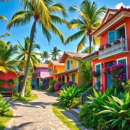 A picturesque Caribbean rural village featuring charming houses with vibrant colors and intricate architectural details, surrounded by lush greenery and tropical flora