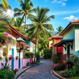 A picturesque Caribbean rural village featuring charming houses with vibrant colors and intricate architectural details, surrounded by lush greenery and tropical flora