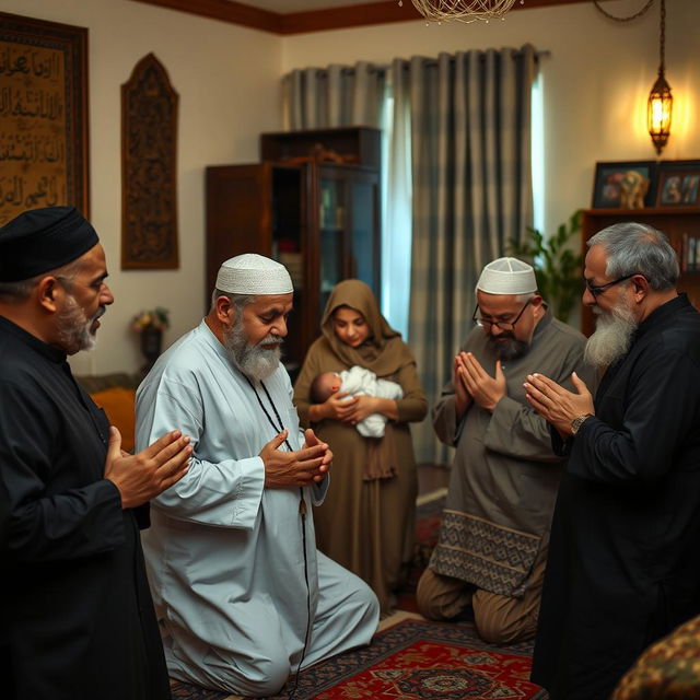 A scene in a living room depicting several middle-aged men praying together, conveying a sense of community and spirituality