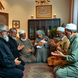 A scene in a living room depicting several middle-aged men praying together, conveying a sense of community and spirituality