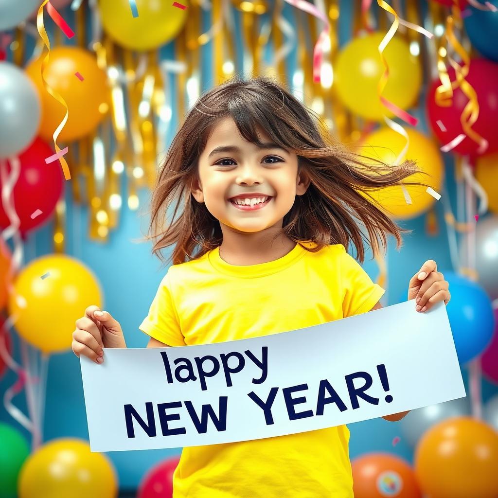 A cheerful girl wearing a bright yellow t-shirt holds a festive banner that says 'Happy New Year!' She stands in a lively setting filled with colorful balloons and streamers