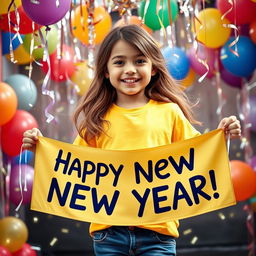 A cheerful girl wearing a bright yellow t-shirt holds a festive banner that says 'Happy New Year!' She stands in a lively setting filled with colorful balloons and streamers