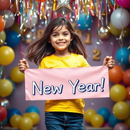 A cheerful girl wearing a bright yellow t-shirt holds a festive banner that says 'Happy New Year!' She stands in a lively setting filled with colorful balloons and streamers
