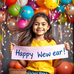 A cheerful girl wearing a bright yellow t-shirt holds a festive banner that says 'Happy New Year!' She stands in a lively setting filled with colorful balloons and streamers