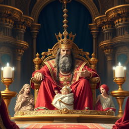 A regal depiction of King Solomon seated on a grand throne in a lavish palace decorated with intricate gold and jewel details