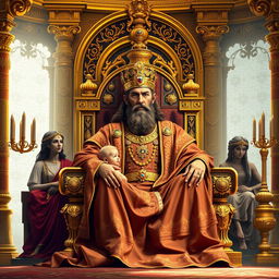 A regal depiction of King Solomon seated on a grand throne in a lavish palace decorated with intricate gold and jewel details