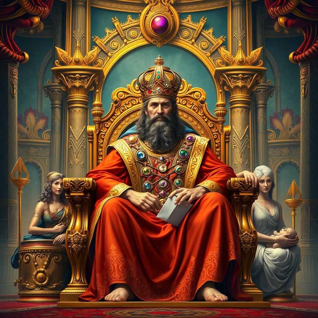 A regal depiction of King Solomon seated on a grand throne in a lavish palace decorated with intricate gold and jewel details