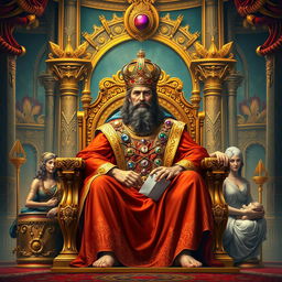 A regal depiction of King Solomon seated on a grand throne in a lavish palace decorated with intricate gold and jewel details