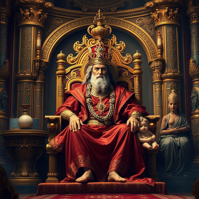 A regal depiction of King Solomon seated on a grand throne in a lavish palace decorated with intricate gold and jewel details