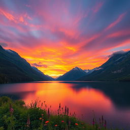 A stunning landscape featuring a vibrant sunset over a serene lake surrounded by majestic mountains