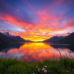 A stunning landscape featuring a vibrant sunset over a serene lake surrounded by majestic mountains