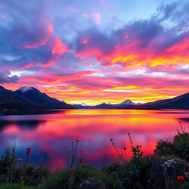 A stunning landscape featuring a vibrant sunset over a serene lake surrounded by majestic mountains