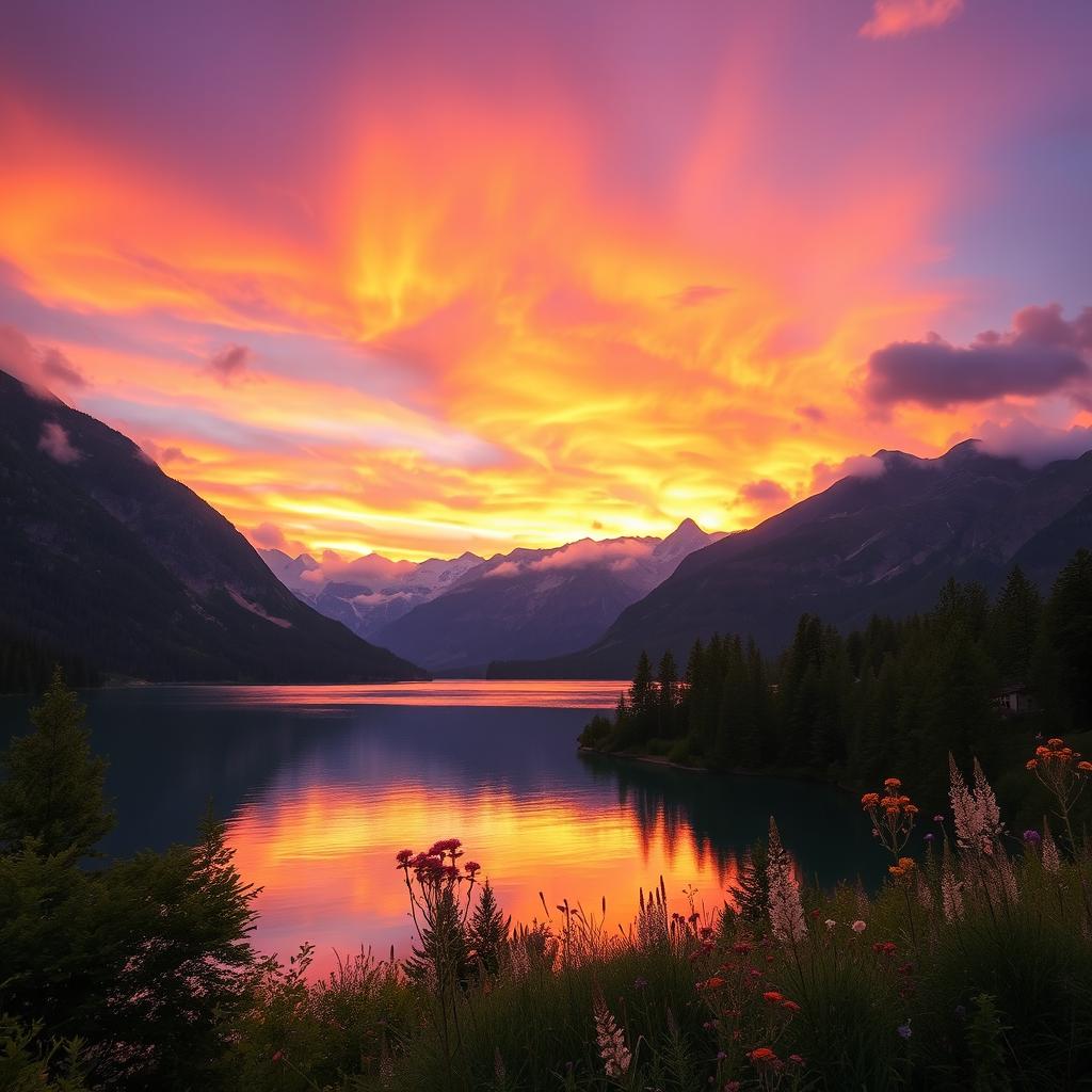 A stunning landscape featuring a vibrant sunset over a serene lake surrounded by majestic mountains