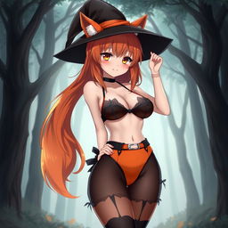 A sexy gothic witch kitsune anime girl with shoulder-length orange hair styled elegantly under a classic witch's hat