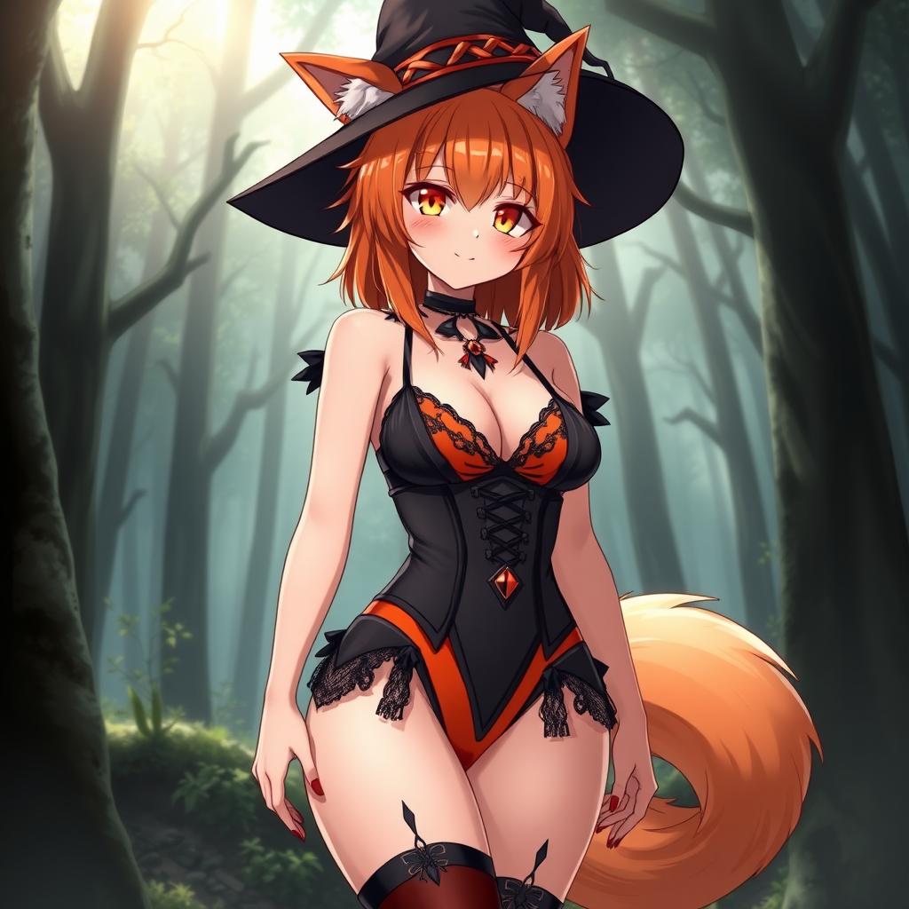 A sexy gothic witch kitsune anime girl with shoulder-length orange hair styled elegantly under a classic witch's hat