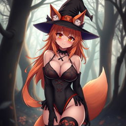 A sexy gothic witch kitsune anime girl with shoulder-length orange hair styled elegantly under a classic witch's hat