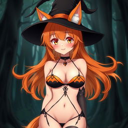 A sexy gothic witch kitsune anime girl with shoulder-length orange hair styled elegantly under a classic witch's hat