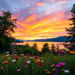 A stunning photograph of a scenic landscape featuring a vibrant sunset over a peaceful lake, surrounded by lush, green trees and distant mountains