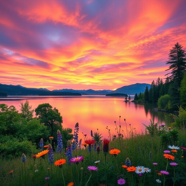 A stunning photograph of a scenic landscape featuring a vibrant sunset over a peaceful lake, surrounded by lush, green trees and distant mountains